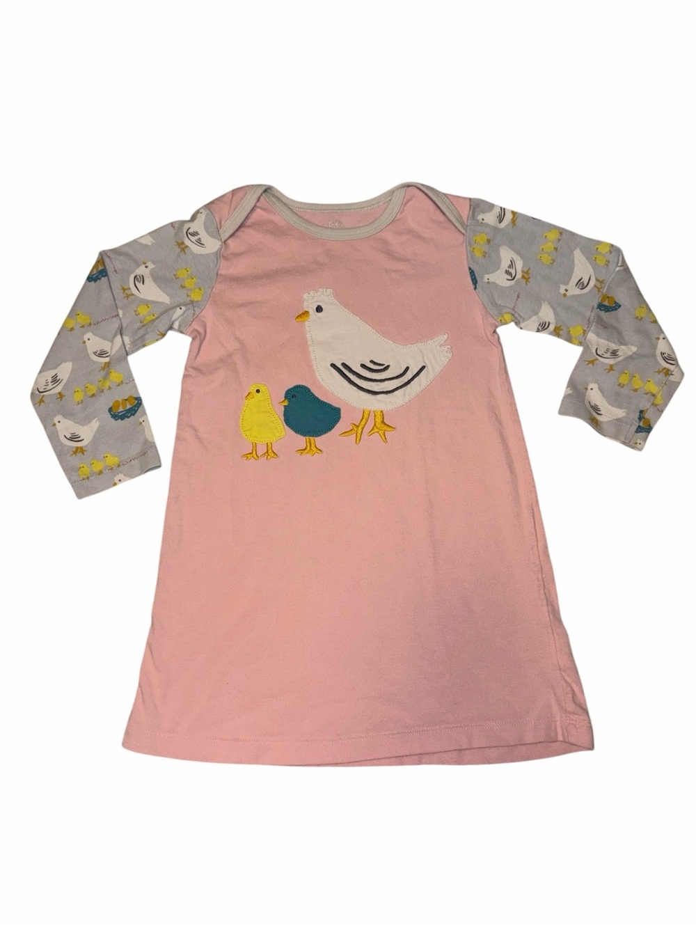 EUC Baby Boden Pink Chicken Chick Appliqué Play Dress Grey Printed Sleeves 2-3T